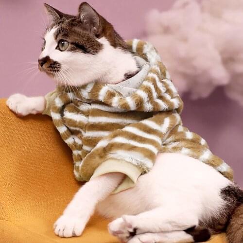 New Autumn And Winter Soft Warm Plush Striped Dog Hooded Cat Coat Sweatshirt M-L