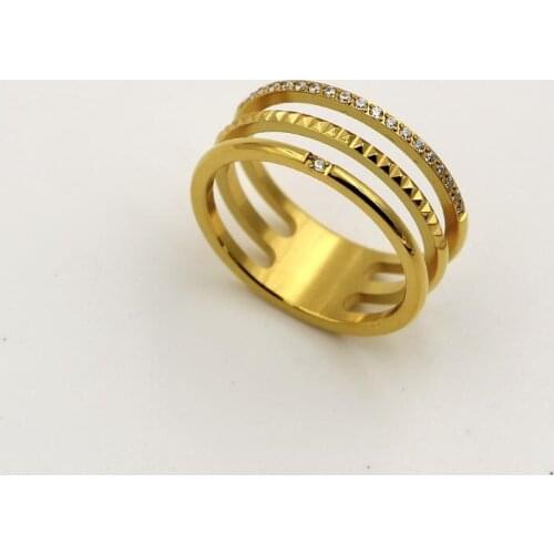 The New Titanium Steel Gold-plated Hollow Three-Layer Gear Micro Diamond Diamond Ring Korean Fashion Trendy Girl