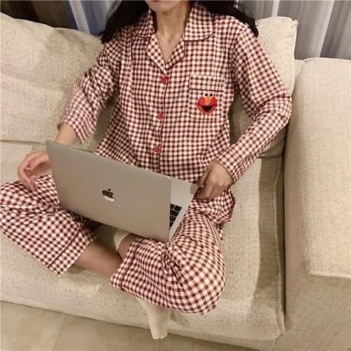 Women/men couple pajamas set cartoon embroidey plaid sleepwear home clothes 2 piece set red black homer suit loose pants Y296