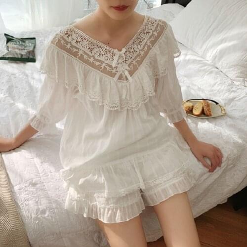 Summer Womens Soft Cotton Pajamas Sets White Lace Shorts Pajamas Vintage Long Sleeve Sleepwear Autumn Nightwear Home Clothes