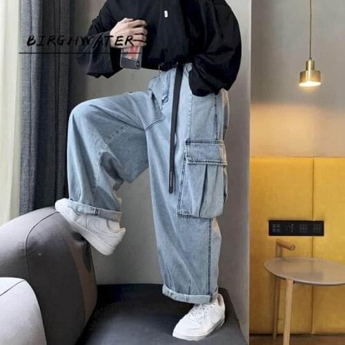 Straight wide leg overalls for men and women autumn and winter denim trousers female loose student port style big pocket couple