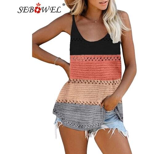 SEBOWEL Woman Casual Striped Camisole Knitted Beach Shirt Tops 2021 Summer Loose Sexy Plus Size Clothes Female Oversize Tank 3XL