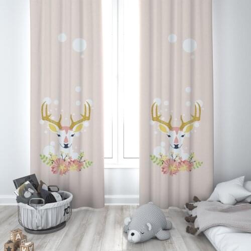 Curtains Children 3D Printed Decorative Items Home Childrens Room Beige Deer Flowers Pattern 202