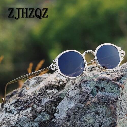 Aviation Sunglasses Men High Quality Vintage Retro Steampunk Polarized Sun Glasses Gothic Small Round Frame Carved Eyewears