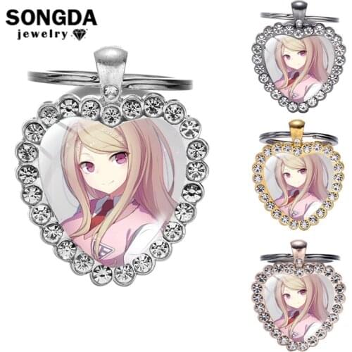 SONGDA Anime Danganronpa Heart Bling Crystal Keychain For Women Glass Dome Key Chains Ring Bag Charm Jewelry Best Friends Gifts
