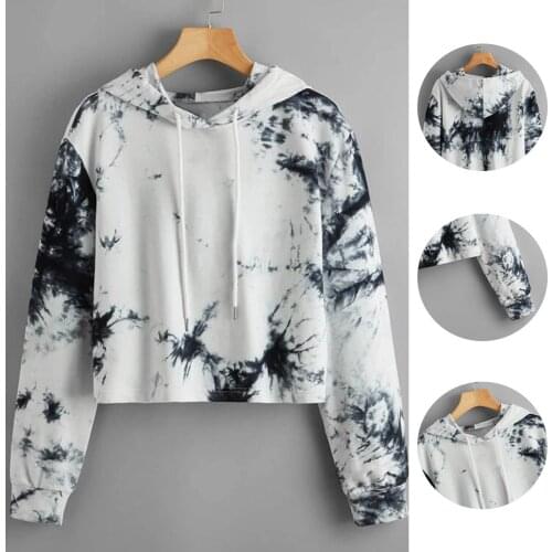 Tie-Dye Print Sweatshirt Fashion Women Autumn Warm Long Sleeve Hooded Crop Tops Drawstring Warm Hoodies Толстовка Женская 2021