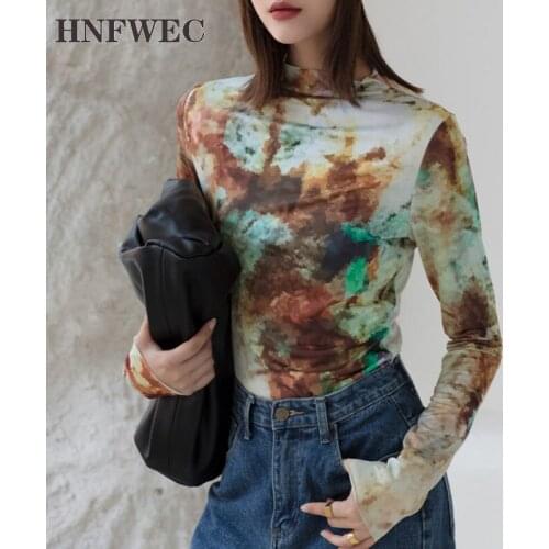 Tie Dye Abstraction Print Long Sleeve Top Women Tshirt Turtleneck Bodycon T Shrit Fall 2020 Tee Alternative Fashion V543