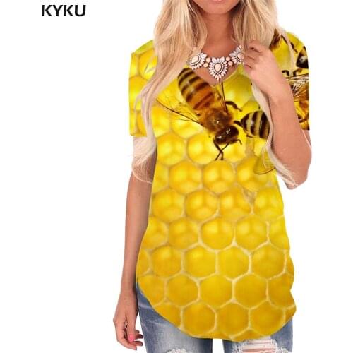 KYKU Bee T Shirt Women Animal Tshirts Printed Lovely Funny T shirts Harajuku V-neck Tshirt Womens Clothing Hip hop Casual Tops
