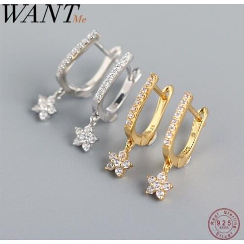 WANTME Trendy Geometric U-shaped Dangle Pave Zircon Star Hanging Stud Earrings for Women Real 925 Sterling Silver Fine Jewelry