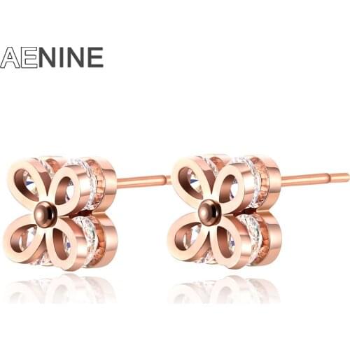 AENINE Stainless Steel Small Flower CZ Crystal Stud Earrings For Women Wedding Fashion Lady Party Cocktail Rose Gold AE17090
