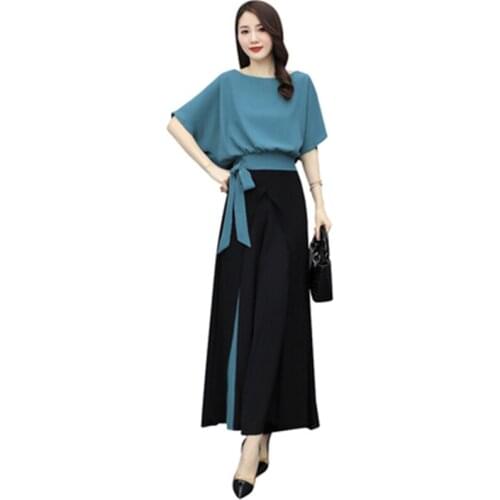 OL New Summer Womens Two Piece Sets Vintage Plus Size Female Chiffon Suits Patchwork Chiffon Shirts And Wide Leg Pants 2 Piece