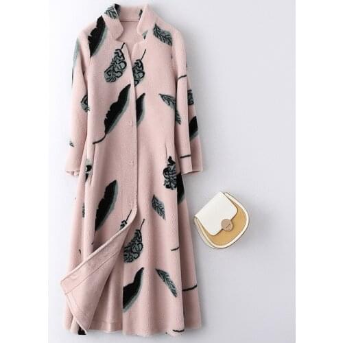 Wool Fur Women Autumn Winter Composite Fur One Piece Coat Print Long Thick Warm Half Sleeves Mandarin Collar Casual Fur Jackets