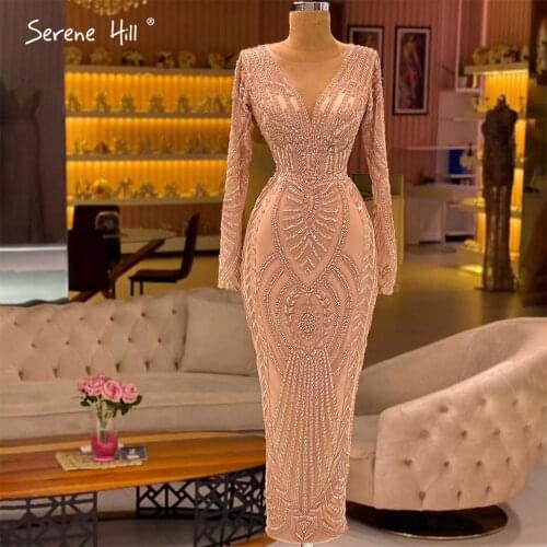 Serene Hill Peach Luxury Beaded Mermaid Evening Gown 2021 Ankle Length Elegant For Muslim Women Formal Party Dress CLA71291