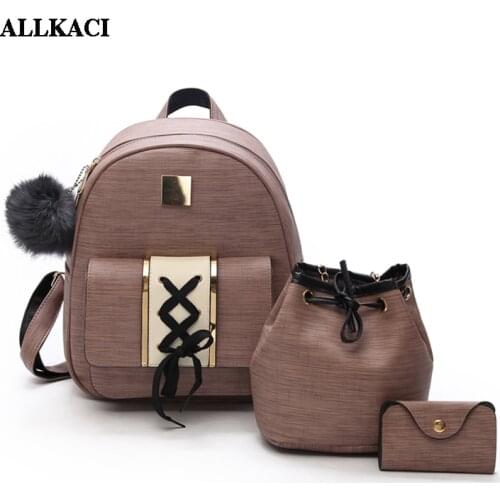 3Pcs/Set Women Backpack Set pu leather female fashion casual backpack +bucket bag+purse backpack bags for teenagers girls 48