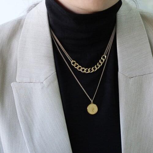 316L Stainless Steel Fashion Fine Jewelry 2 Layer Vintage Queen Coin Charms Thick Chain Choker Necklaces Pendants For Women