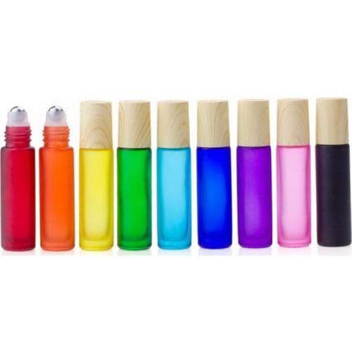 500pcs 10ml Frosted Glass Essential Oil Roller Bottles Refillable Roll On Bottles With Wood Grain Cap Stainless Steel Ball