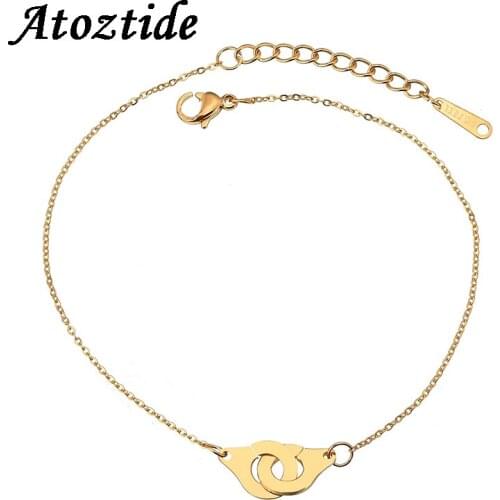 Atoztide Simple Stainless Steel Handcuff Bracelets For Lovers Romantic Round Adjustable Gold Chain Bracelets