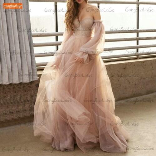 BOHO Skin Pink Wedding Dress 2021 Robe De Mariée With Detachable Puff Long Sleeves Vestido De Noiva Garden Country Bridal Gowns