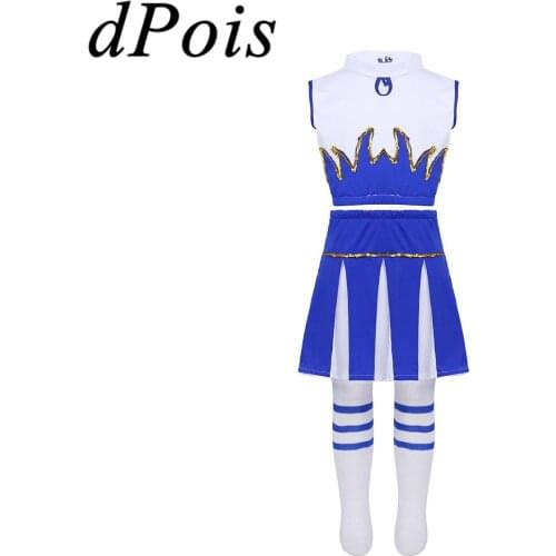DPOIS Cheerleading Dance Costume For Children Kids Cheerleader Costume Child Modern Jazz Dancing Crop Top & Skirt Girls Uniforms