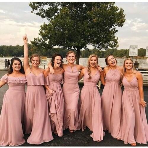 Elegant A-Line Long Dusty Rose Chiffon Bridesmaid Dresses Custom Pleated Lace Up Back Multi Style Formal Wedding Party Dresses