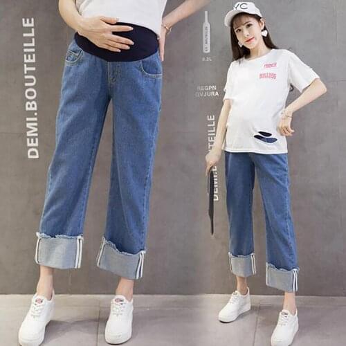 Pregnant Jeans Wide Leg Jean For Pregnancy Women Belly Pants Maternity Loose Overalls Maternity Clothing Straight Pants Blue