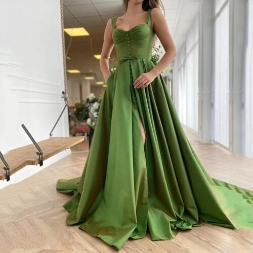 A Line Green Evening Dress Spaghetti Strap Sweep Train Side Slit Sleeveless Bows Button Sexy Formal Gowns Custom