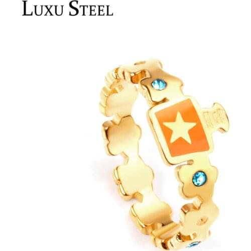 LUXUSTEEL Star Image On Rings For Women Gold Color Cubic Zirconia Crystal Punk Cute Style Stainless Steel Rings Daily Halloween