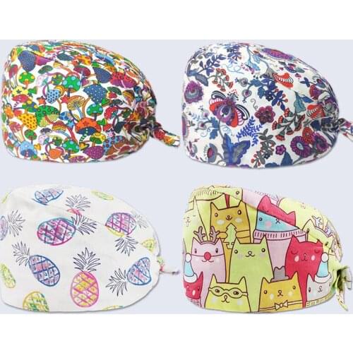 Cute Cartoon Print Ladies Nurse Cap Surgical Cap Pet Hospital Surgeon Cap Dentist Cap Beauty Salon Chef Dust-proof Scrub Cap