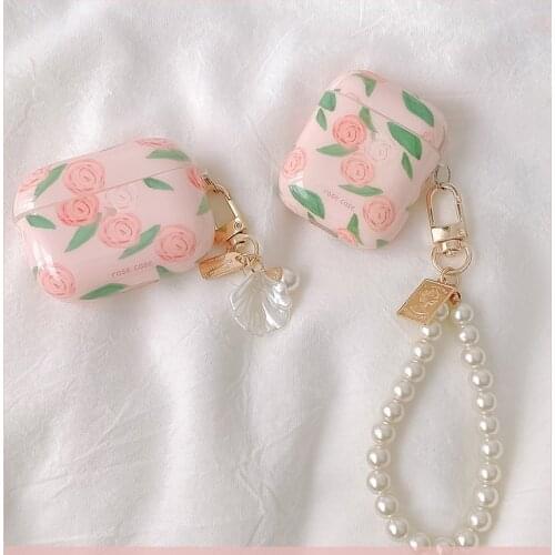 Cute Pink Rose Flower Pattern Silicone Earphone Cases For AirPods Headset Box For AirPods Pro 3 Cover With Pearl Shell Key Ring