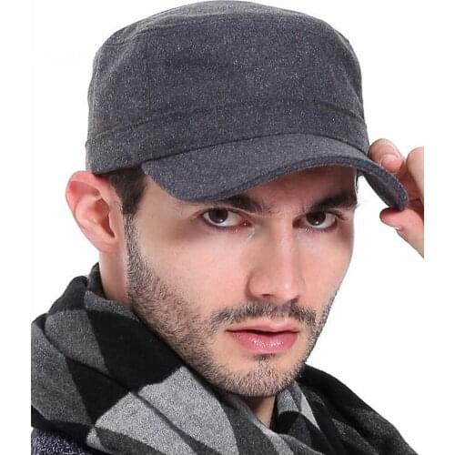 2021 Autumn and Winter Dad Felt Military Hat Man Outdoors Warm Big Size Flat Top Cap 56-60cm