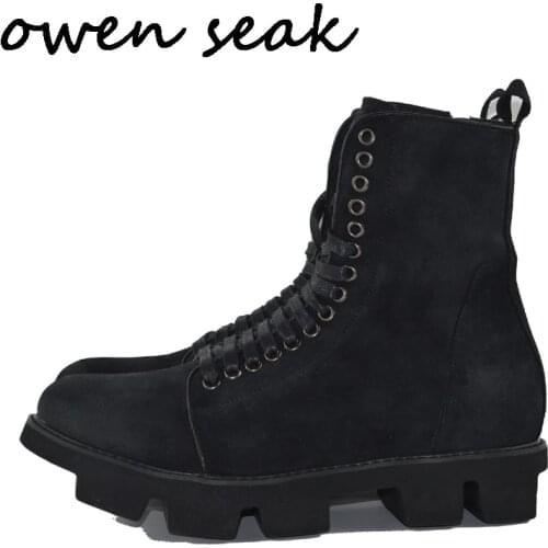 Owen Seak Men Shoes High-TOP Ankle Luxury Trainers Genuine Leather Men Winter Boots Lace Up Casual Brand Zip Flat Black Sneaker