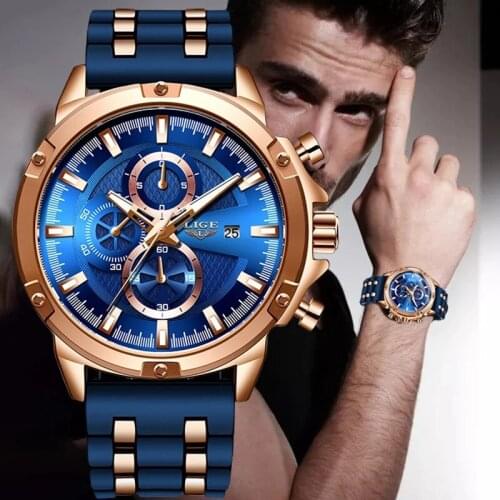 LIGE 10028 Mens Casual Sports Waterproof Silicone Band Quartz Watch Fashion Charm Business Multifunctional Male Wristwatches