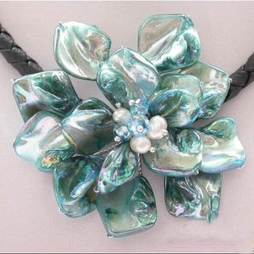New Arrival Shell Flower Necklace 18'' Black Rope Leather Jewelry Blue Real Pearl Crystal Shell Basketry Flower Pendant Necklace