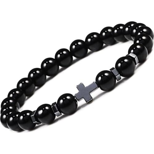 Charm Hematite Cross Nature Onyx Stone 8MM Beads Bracelets Bangles Women Men Meditation Prayer Strand Wristband Jewelry pulseras