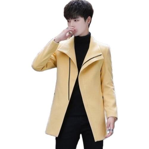 Pure Color Men Woolen Trench Coat 2020 Winter New Male Casual Coats Fashion Unique Inclined Zipper Clothes