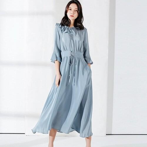 100% Silk Dress Women Simple Design O Neck Sashes Half Ruffled Sleeves Black Straight Dress New Fashion