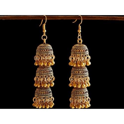 Retro Indian Bollywood Kundan Jhumka Jhumki Three-layer Drop Earrings For Women Boho Ethnic Gypsy Fashion Wedding Wear Jewelry