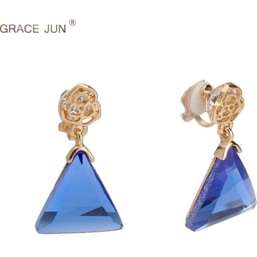 New Spring Style CZ Crystal Rose Flower Big Triangle Crystal Clip on Earrings Non Piercing for Women Party Wedding Bijouterie