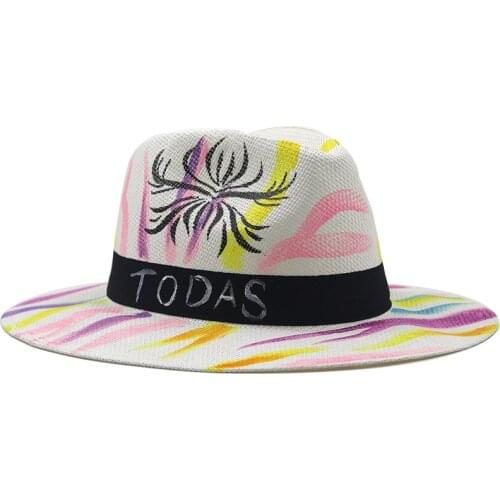 New Summer Hand Painted Painting Tie Dye Straw Hat Women Sun Caps Vintage Panama Summerday Wide Brim Caps For Beach And Sand Cap