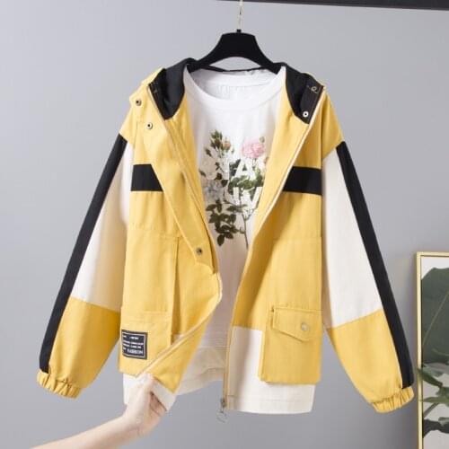 2020 New Women Jacket Long Sleeve Casual Hooded Jackets Ladies Vintage Patchwork Windbreaker Female Harajuku Bomber Outerwear