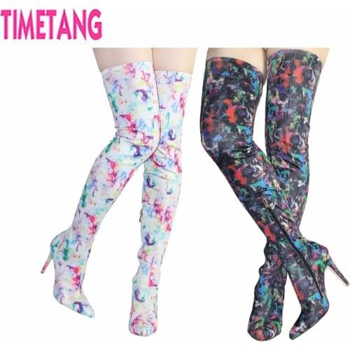 Plus Size US4-12 Women Boots Thigh High Fashion Autumn Flower Print Sexy Pointed Toe Stretchy Over-the-Knee Heels Ladies Shoes