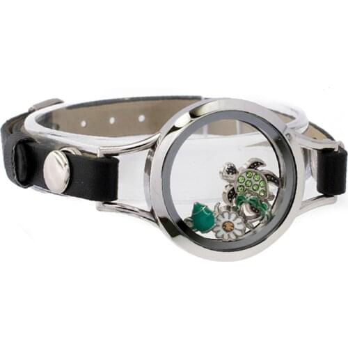 25mm Floating Glass Locket Single Wrap PU Leather Bracelet Wristband With 10pcs Random Charms Women Jewelry Christmas Gifts