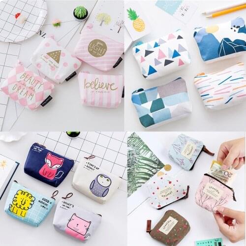 Womens Small Coin Purses And Holders Canvas Cute Cartoon Animal Fruit Print Coin Money Card Wallet Pouch Earphone Key Bags
