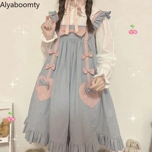 Japanese Lolita Style Spring Autumn Women Sundress Suspenders Gray-Blue Bow Ruffles Dress Cute Kawaii Sleeveless Lolita Dress