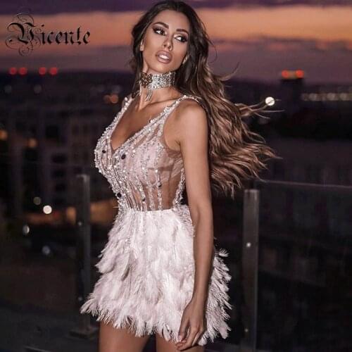 VC All Free Shipping Chic Elegant Feather Sequins Design Sexy V Neck Celebrity Party Club Bandage Mini Slip Dress