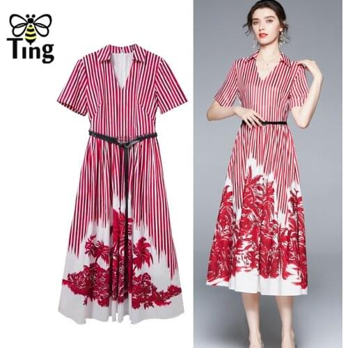 Tingfly Vintage Elegant Red Striped Tree Printing Summer Casual Dress Women Office Lady Dresses Midi Long with Belt Zaful Tide