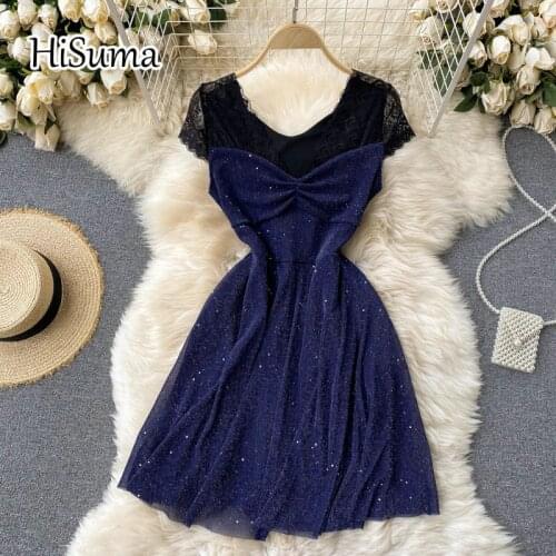 2021 spring new women sequins V collar bright silk with lace bling fairy A-line dress female Chic elegant waist party dresses