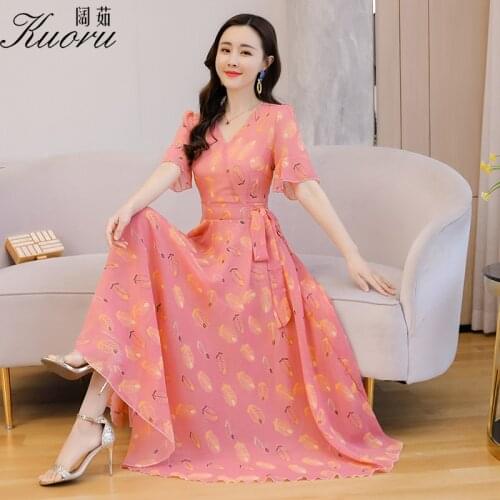 Maxi Dresses For Women Plus Size Floral Dress Summer Vintage Chiffon Longue Short Sleeve V Neck Robe Femme Ete 2021 Vestidos