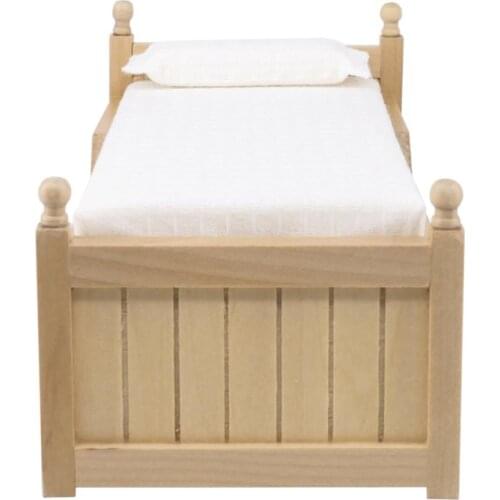 1: 12 Dollhouse Miniature Bedroom Furniture Solid Wood Doll Bed With Mattress Mini Doll Furniture Accessories Toy Miniatures