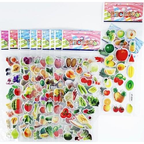 12 Sheets/set 3D Puffy Bulk Stickers for Girl Boy Birthday Gift Scrapbooking Fruit Vegetable Cartoon Sticker Toy